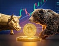 Bull and bear fight for a Bitcoin coin, candlestickchart in the background Royalty Free Stock Photo