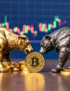 Bull and bear fight for a Bitcoin coin, candlestickchart in the background Royalty Free Stock Photo