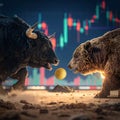 Bull and bear fight for a Bitcoin coin, candlestickchart in the background Royalty Free Stock Photo