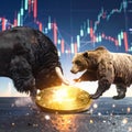 Bull and bear fight for a Bitcoin coin, candlestickchart in the background Royalty Free Stock Photo