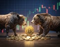 Bull and bear fight for a Bitcoin coin, candlestickchart in the background Royalty Free Stock Photo