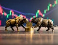 Bull and bear fight for a Bitcoin coin, candlestickchart in the background Royalty Free Stock Photo