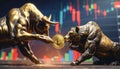Bull and bear fight for a Bitcoin coin, candlestickchart in the background Royalty Free Stock Photo