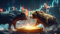 Bull and bear fight for a Bitcoin coin, candlestickchart in the background Royalty Free Stock Photo