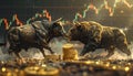Bull and bear fight for a Bitcoin coin, candlestickchart in the background Royalty Free Stock Photo