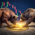 Bull and bear fight for a Bitcoin coin, candlestickchart in the background Royalty Free Stock Photo