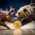 Bull and bear fight for a Bitcoin coin, candlestickchart in the background Royalty Free Stock Photo