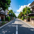 Photo of an empty street in a Japanese suburb, taken on a sunny day at eye level. Royalty Free Stock Photo