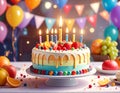 Colorful birthday cake in a party setting Royalty Free Stock Photo