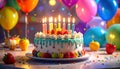 Colorful birthday cake in a party setting Royalty Free Stock Photo