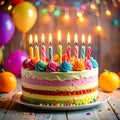 Colorful birthday cake in a party setting Royalty Free Stock Photo