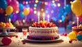 Colorful birthday cake in a party setting Royalty Free Stock Photo