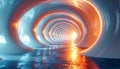 Futuristic abstract tunnel with glowing circular structures and reflective floor Royalty Free Stock Photo