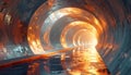 Futuristic abstract tunnel with glowing circular structures and reflective floor Royalty Free Stock Photo