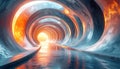 Futuristic abstract tunnel with glowing circular structures and reflective floor Royalty Free Stock Photo