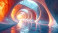 Futuristic abstract tunnel with glowing circular structures and reflective floor Royalty Free Stock Photo