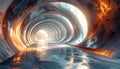 Futuristic abstract tunnel with glowing circular structures and reflective floor Royalty Free Stock Photo