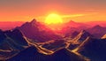Vector-style image of sunset golden hour infinite multilayer mountain range metallic Royalty Free Stock Photo