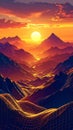 Vector-style image of sunset golden hour infinite multilayer mountain range metallic Royalty Free Stock Photo