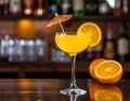 Yellow drink in champagne flut glass at the bar. There is an orange slice Royalty Free Stock Photo