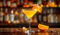 Yellow drink in champagne flut glass at the bar. There is an orange slice Royalty Free Stock Photo