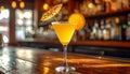 Yellow drink in champagne flut glass at the bar. There is an orange slice Royalty Free Stock Photo