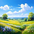 Art springtime rural landscape. spring field and blue sky horizon Royalty Free Stock Photo