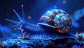 Cartoon artistic image of cave snail with gills and an operculum, blue black hue Royalty Free Stock Photo