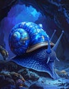 Cartoon artistic image of cave snail with gills and an operculum, blue black hue Royalty Free Stock Photo