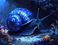 Cartoon artistic image of cave snail with gills and an operculum, blue black hue Royalty Free Stock Photo
