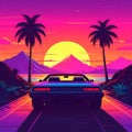 Cartoon artistic image of synthwave convertible car in a sunset with palm trees Royalty Free Stock Photo
