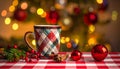 Christmas holiday background with checked cup and decorations over blur dreamy background Royalty Free Stock Photo