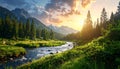 A serene alpine landscape features a gently flowing river bordered by lush green vegetation Royalty Free Stock Photo