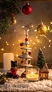Festive Christmas scene features a small, snow-covered tabletop tree adorned with red and gold baubles Royalty Free Stock Photo