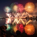 Bright fireworks illuminate the night sky with vibrant colors of red, orange, green, and blue Royalty Free Stock Photo