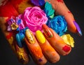A vibrant composition featuring a hand adorned with colorful paint and a variety of vibrant flowers Royalty Free Stock Photo