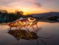 Close-up of an American cockroach (*Periplaneta americana*) on a reflective surface at sunset Royalty Free Stock Photo