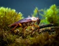 A close-up of a cockroach (order Blattodea) on a moss-covered surface Royalty Free Stock Photo
