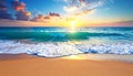 Sandy beach meets a turquoise ocean wave under a vibrant sunset Royalty Free Stock Photo