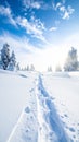 Snow-covered landscape with a trail of footprints leading through deep snow Royalty Free Stock Photo