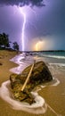 A dramatic seascape with a vivid lightning strike illuminating the night sky Royalty Free Stock Photo