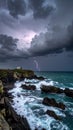 Rocky coastline with dark storm clouds overhead, showing a vivid lightning strike illuminating the sky Royalty Free Stock Photo