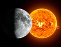 The image features a juxtaposition of the Moon and the Sun Royalty Free Stock Photo