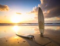 Surfers\' paradise with two surfboards on a sandy beach at sunset Royalty Free Stock Photo