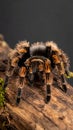 A close-up shot of a tarantula, likely from the Theraphosidae family, resting on a piece of wood Royalty Free Stock Photo
