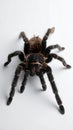 Close-up of a tarantula with a black and brown hairy body against a white background. Royalty Free Stock Photo