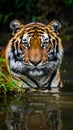 A Bengal tiger (Panthera tigris tigris) is partially submerged in water, facing forward with an intense gaze Royalty Free Stock Photo