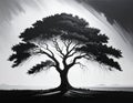 A digitally created monochrome image features a large, solitary tree with an expansive canopy Royalty Free Stock Photo