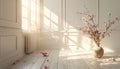 Sunlight streams through a large window, casting shadows on white paneled walls and floor Royalty Free Stock Photo