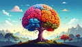 Flat design vector-style image of a draw colored brain like a tree expands whit element Royalty Free Stock Photo